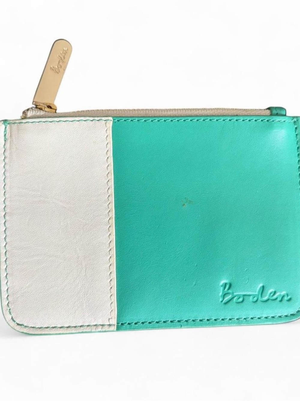 Boden Teal & White Leather Zip Pouch